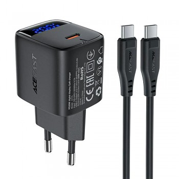 Acefast Wall Charger A113 s digitálním displejem rychlé nabíjení GaN USB-C PD20W s kabelem Type-C 1m černá