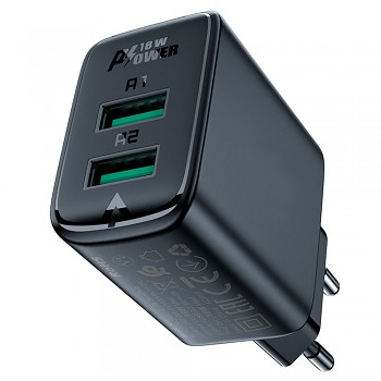 Acefast Wall Charger A33 Dvojitý Port Rychlé Nabíjení 2x USB QC18W Černá