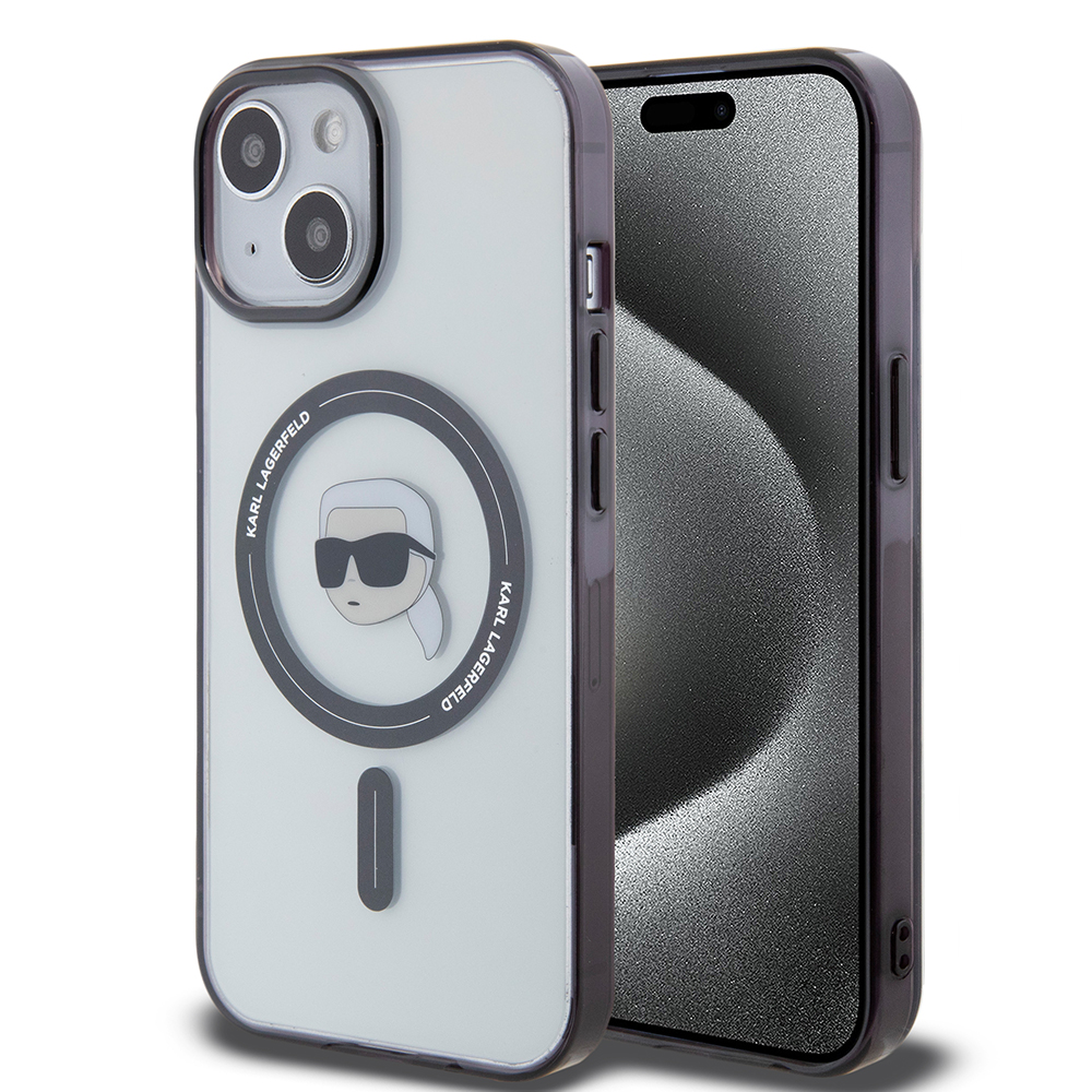 Levně Karl Lagerfeld IML MagSafe iPhone 15 průhledný Karlova hlava