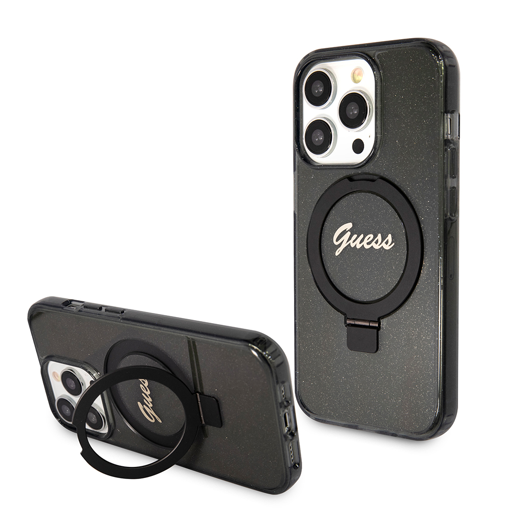 Levně Guess Ring Stand Script Glitter MagSafe iPhone 15 Pro Černý