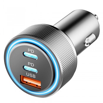 Techsuit Premium Car Charger DriveBoost (C6) rychlonabíječka LED USB 2x Type-C 60W 5V/3A hliníková slitina stříbrná