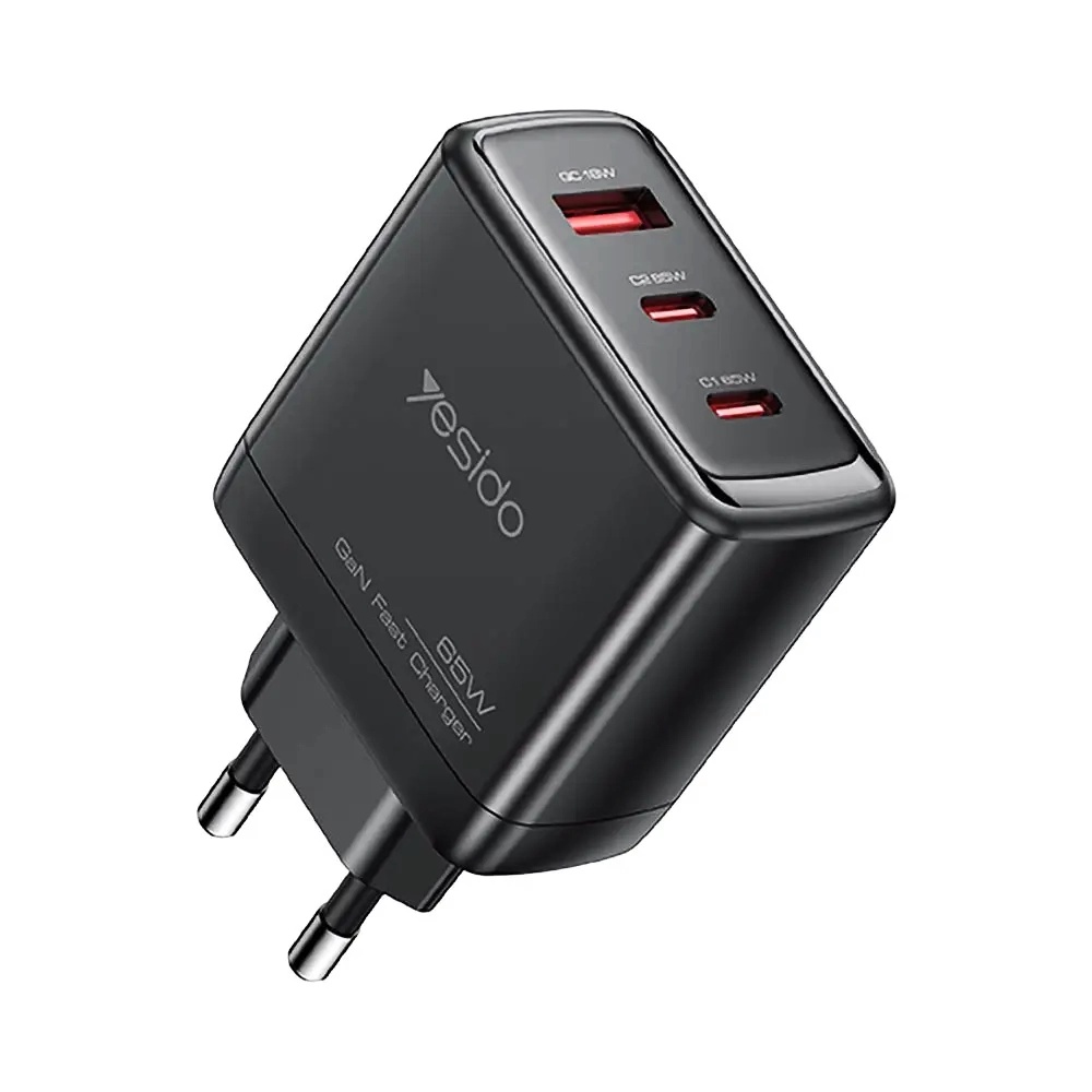 Levně Yesido Wall Charger YC144C GaN Rychlonabíječka pro Telefon Tablet USB 2x Type-C PD65W QC18W USB-C Kabel 1m Černá