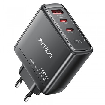 Yesido Wall Charger YC142 GaN rychlonabíječka 3v1 pro telefon notebook tablet USB 2x Type-C 100W černá