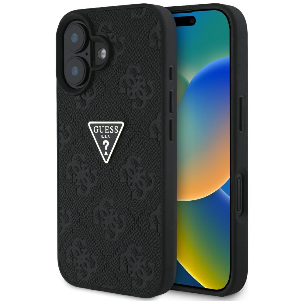 Levně Guess Leather Hot Stamp 4G Pattern Triangle Metal Logo iPhone 16 černá