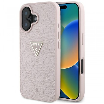 Guess - Kožené pouzdro s ražbou 4G trojúhelníkové logo iPhone 16 růžová