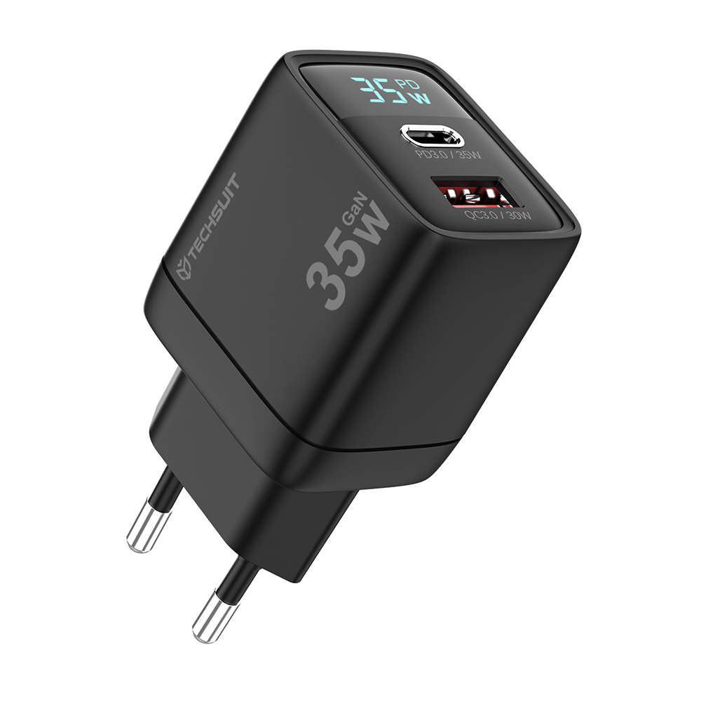 Levně Techsuit Wall Charger LEDChargX (CH3) Type-C USB GaN Technologie Rychlé nabíjení LED displej PD35W černá