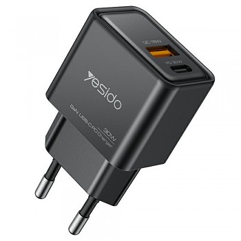 Yesido Wall Charger YC64 Duální Port Type-C + USB-A Rychlé Nabíjení GaN PD30W Černá