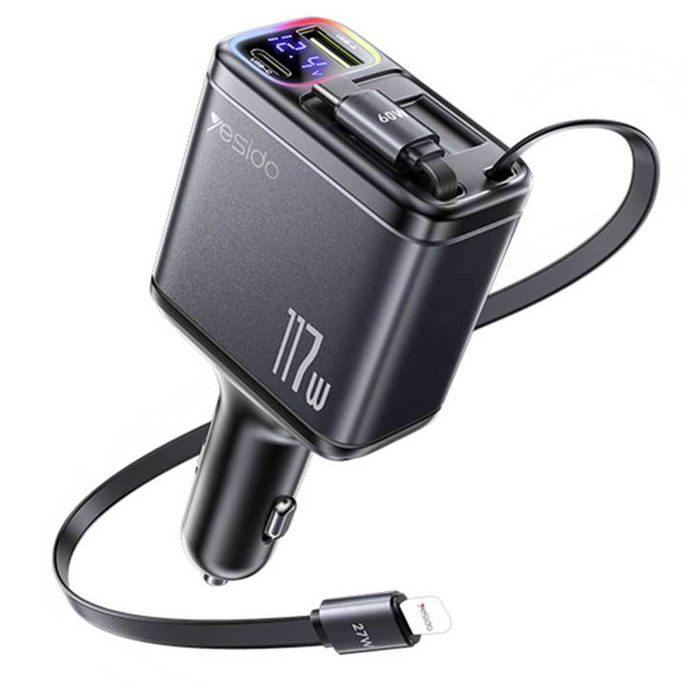 Levně Yesido 4v1 nabíječka do auta Y63 s 2x zatahovacím kabelem LED světlem 117W šedá
