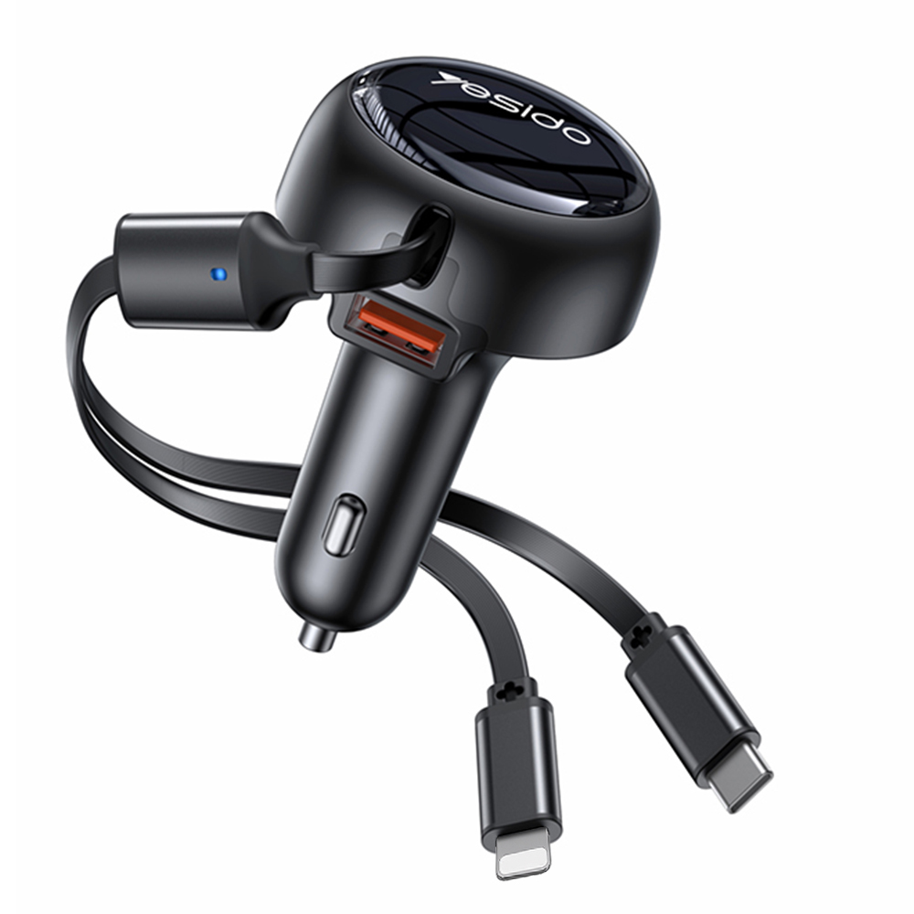 Levně Yesido Car Charger Y61 s 2x teleskopickým zatahovacím kabelem Type-C Lightning rychlé nabíjení USB-A 53W černá