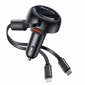 Yesido Car Charger Y61 s 2x teleskopickým zatahovacím kabelem Type-C Lightning rychlé nabíjení USB-A 53W černá