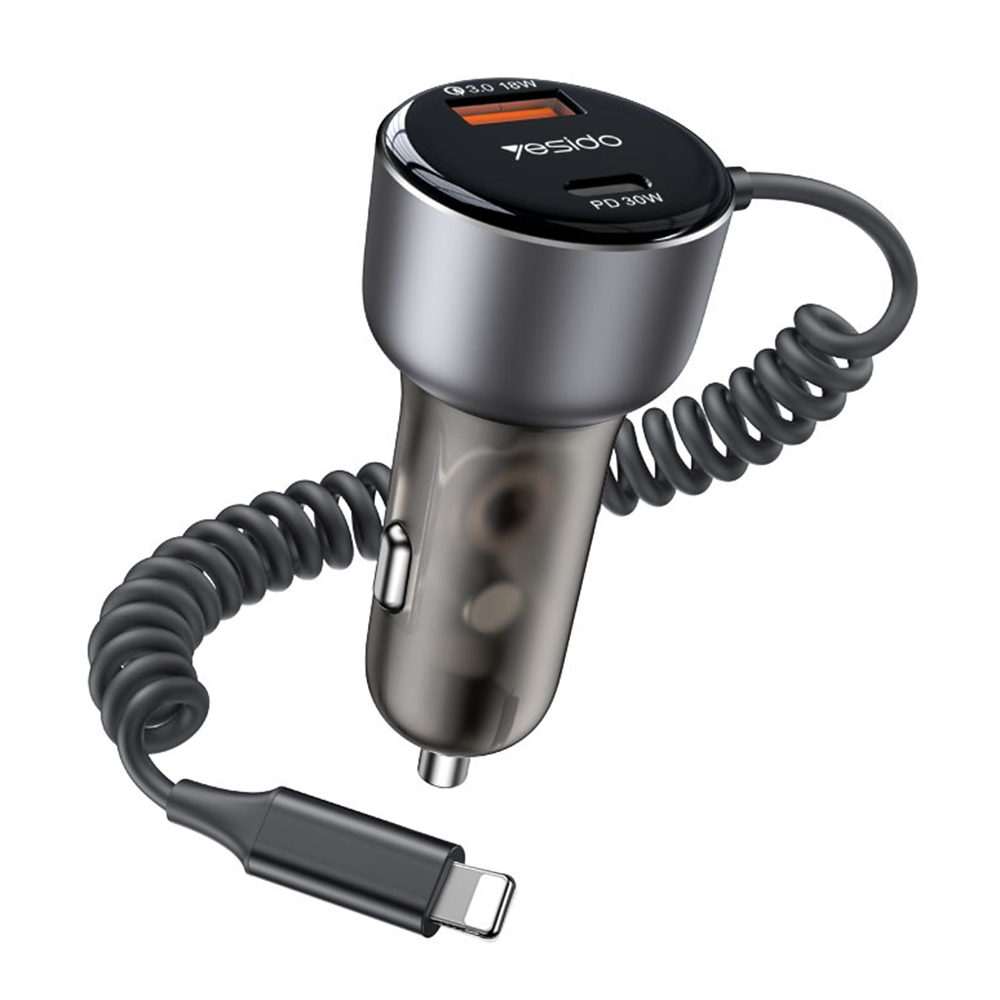 Levně Yesido Car Charger Y57 s Lightning pružným kabelem Type-C USB-A 50W rychlé nabíjení černá