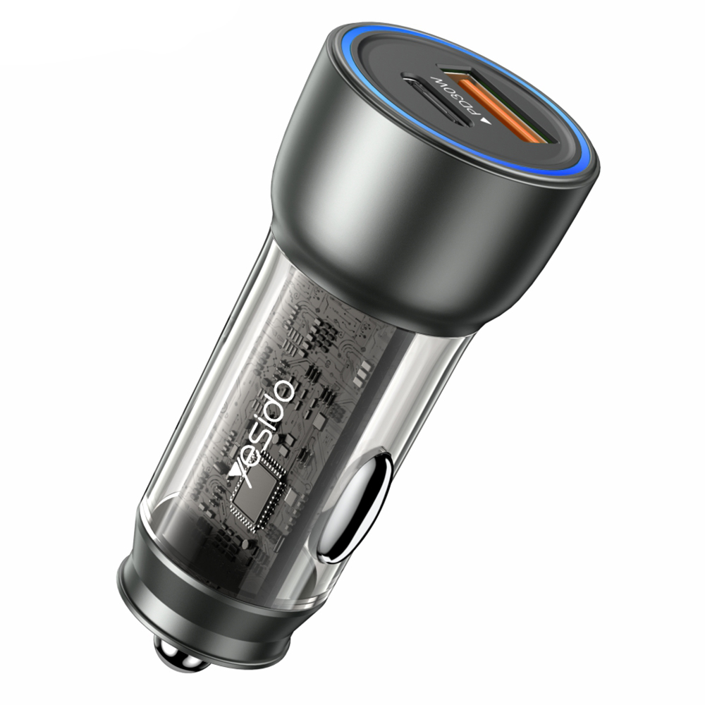 Levně Yesido Car Charger Y49 USB-A Type-C LED světelný efekt rychlé nabíjení 30W šedá