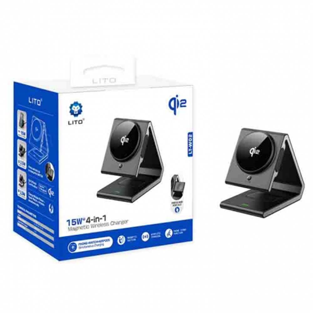Levně Lito Magnetic Wireless Charger LT-W02 4v1 pro iPhone Apple Watch AirPods rychlé nabíjení 15W QI2 N52 magnety černá