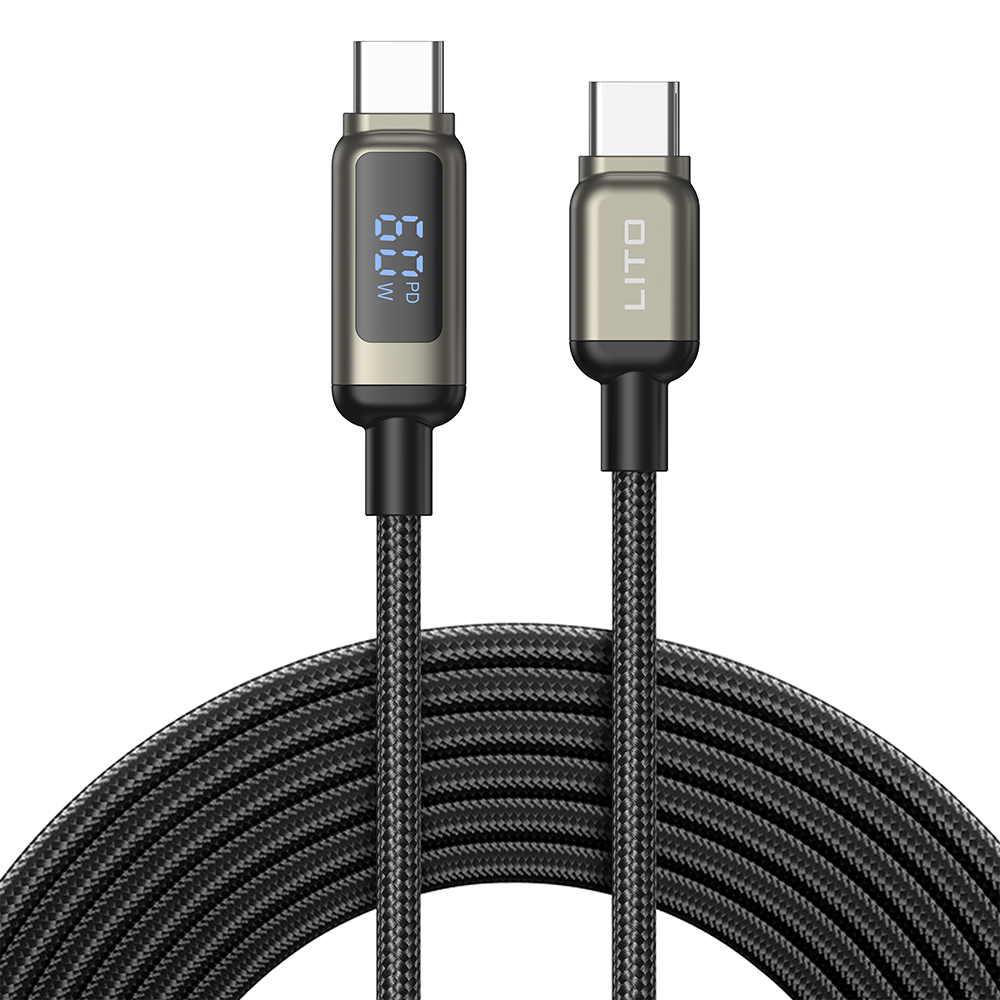 Levně Lito Datový kabel LD15 Type-C na Type-C Rychlé nabíjení Pletený nylon 60W LED displej Černý