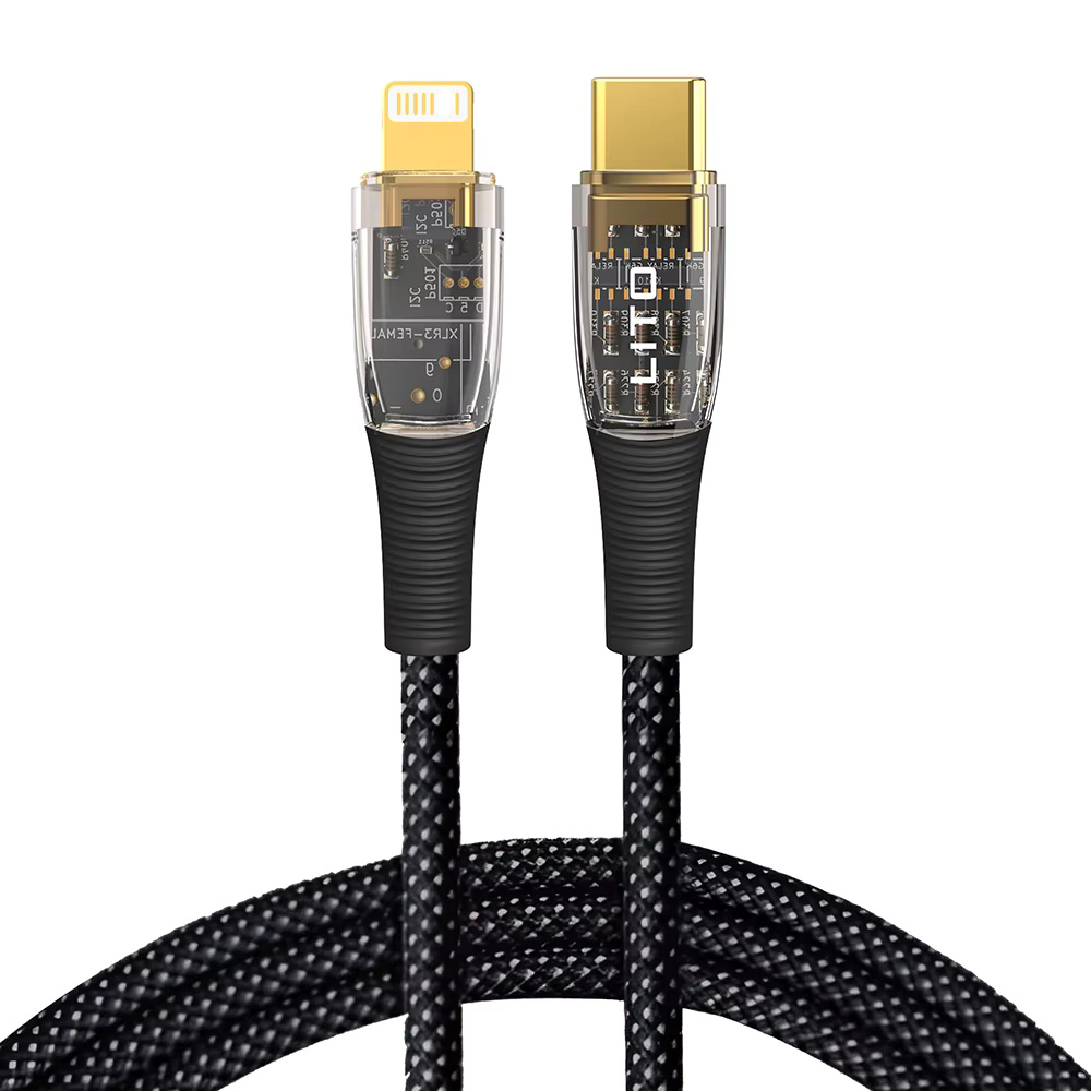 Levně Lito Data Cable Transparent LD01 Type-C to Lightning Rychlé nabíjení 27W opletený pozlacený konektor 1.2m černý