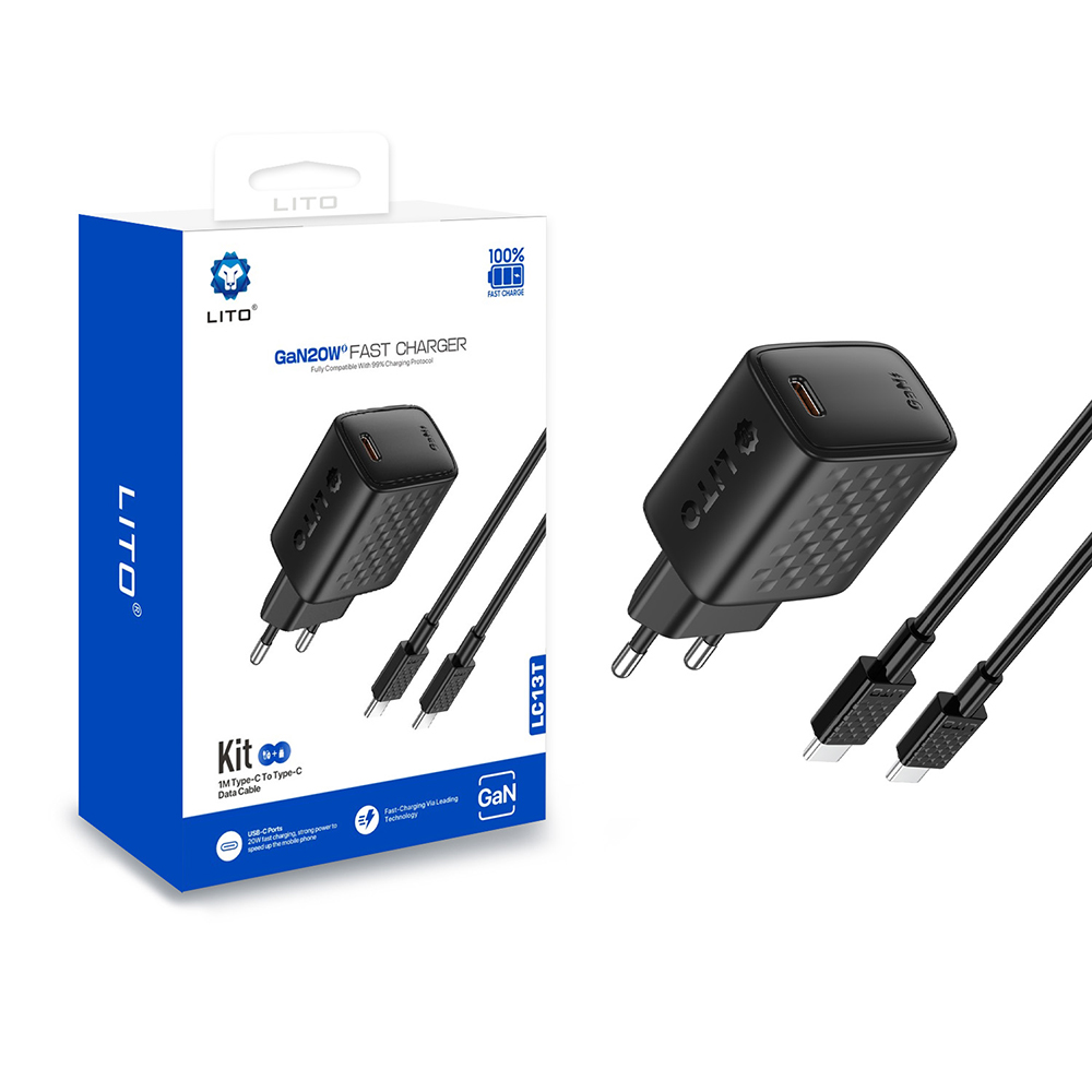 Levně Lito Wall Charger LC13T s kabelem Type-C Type-C PD20W GaN PC ohnivzdorný EU zástrčka černý