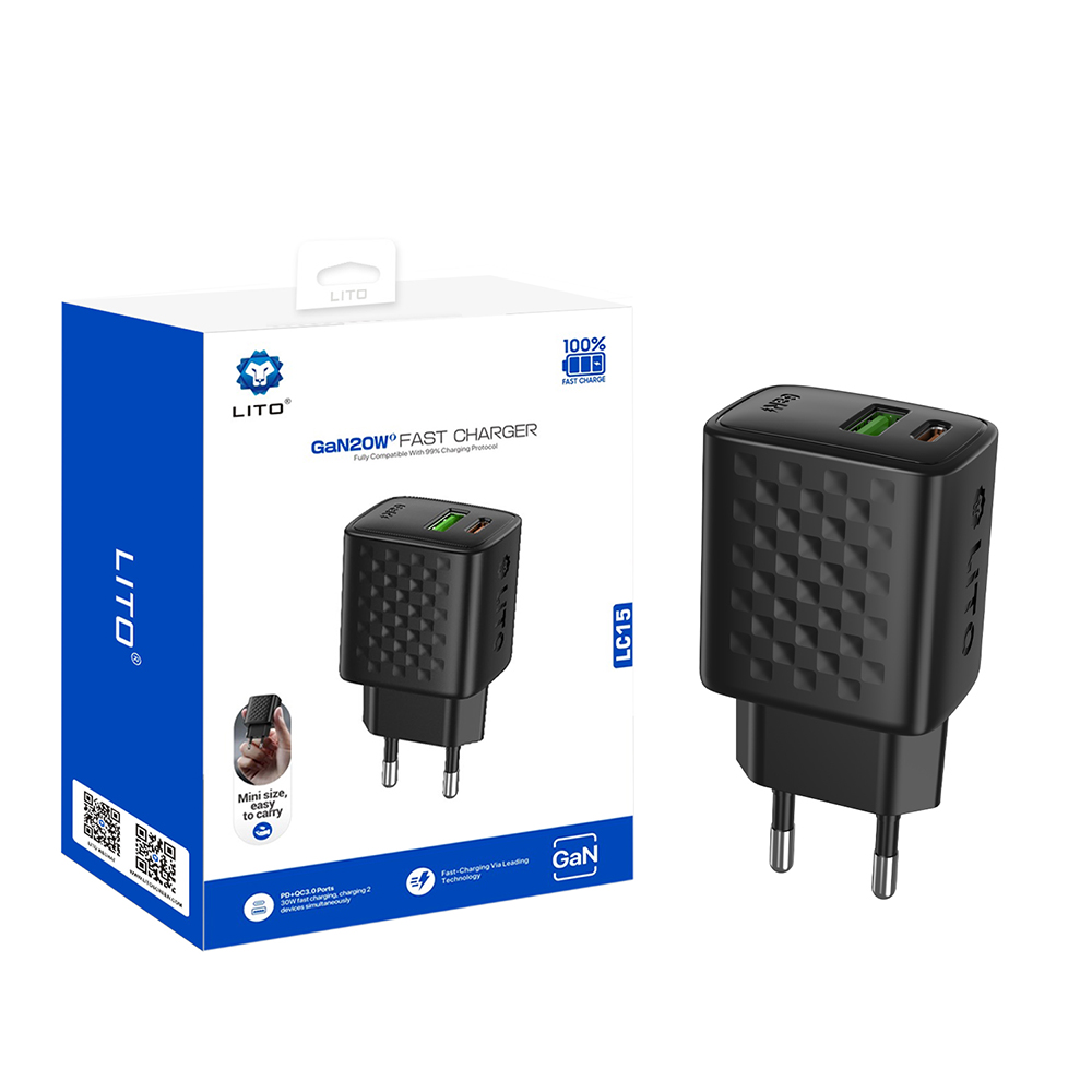 Levně Lito Wall Charger LC15 Type-C USB výstup PD20W GaN PC nehořlavý EU zástrčka černý
