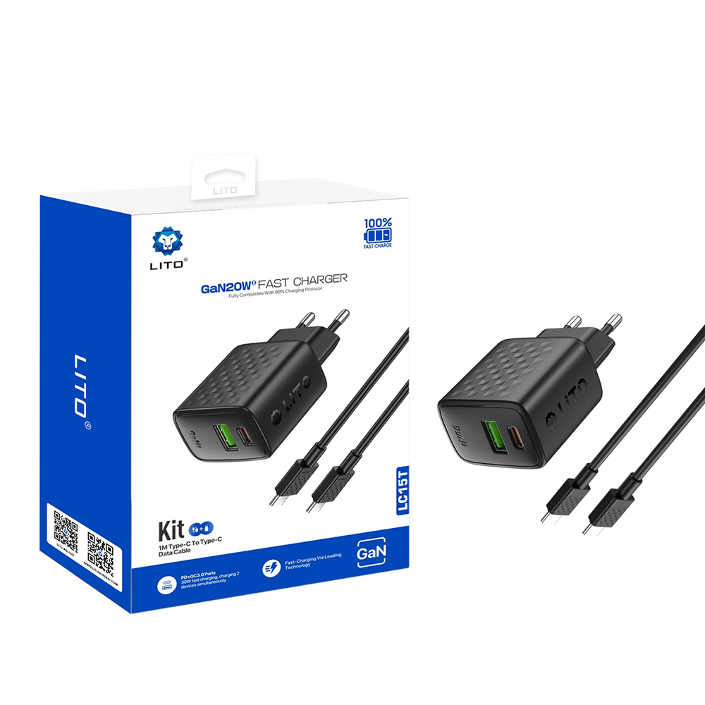 Levně Lito Wall Charger LC15T s kabelem Type-C Type-C USB výstup PD20W GaN PC nehořlavý EU zástrčka černý