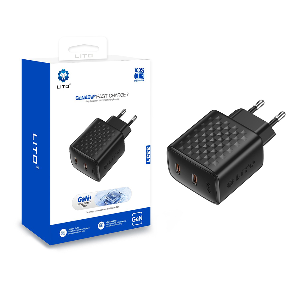 Levně Lito Wall Charger LC22 2x Type-C výstup PD45W GaN PC nehořlavý EU zástrčka černá
