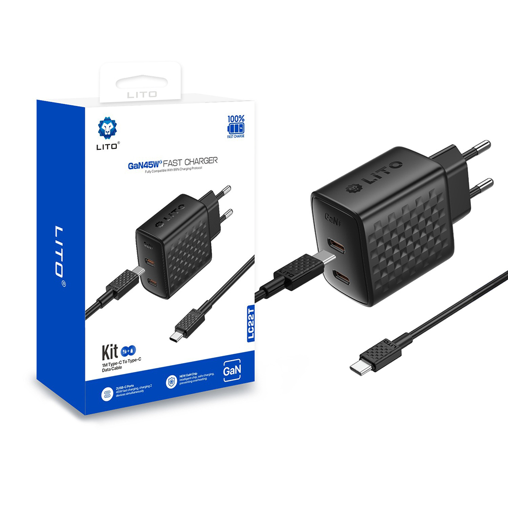 Levně Lito Wall Charger LC22T s kabelem Type-C 2x Type-C výstup PD45W GaN EU zástrčka 1m černá