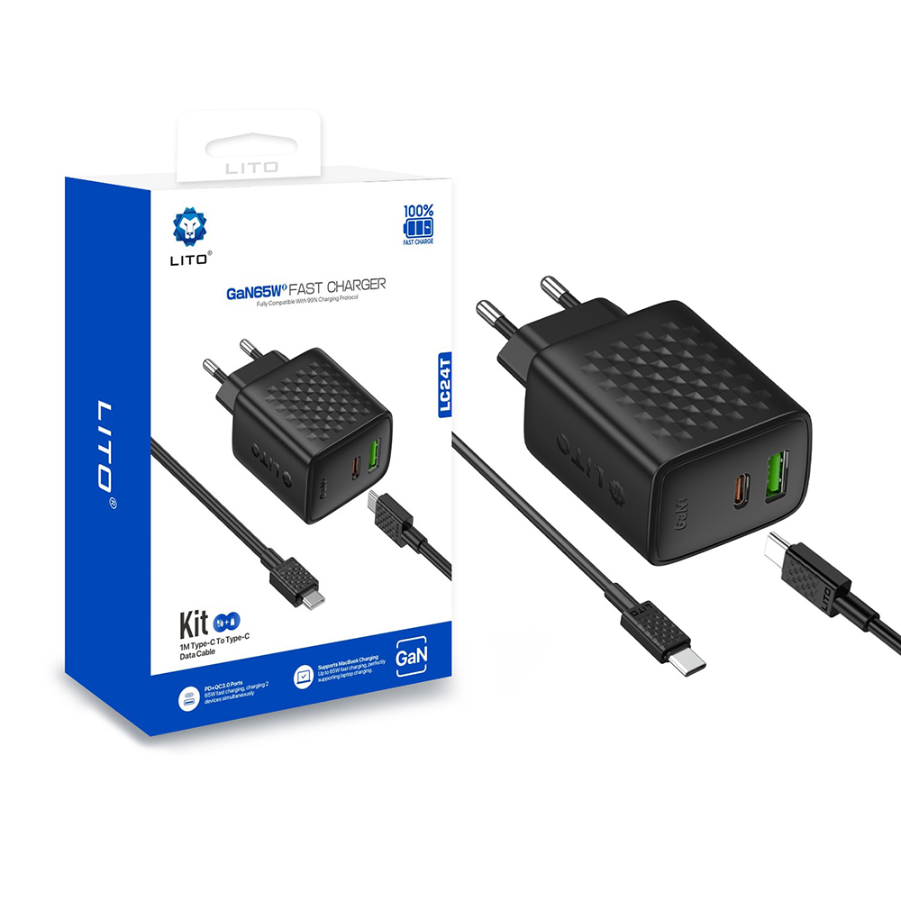 Lito Wall Charger LC24T s kabelem Type-C Type-C USB výstup PD65W GaN EU černý