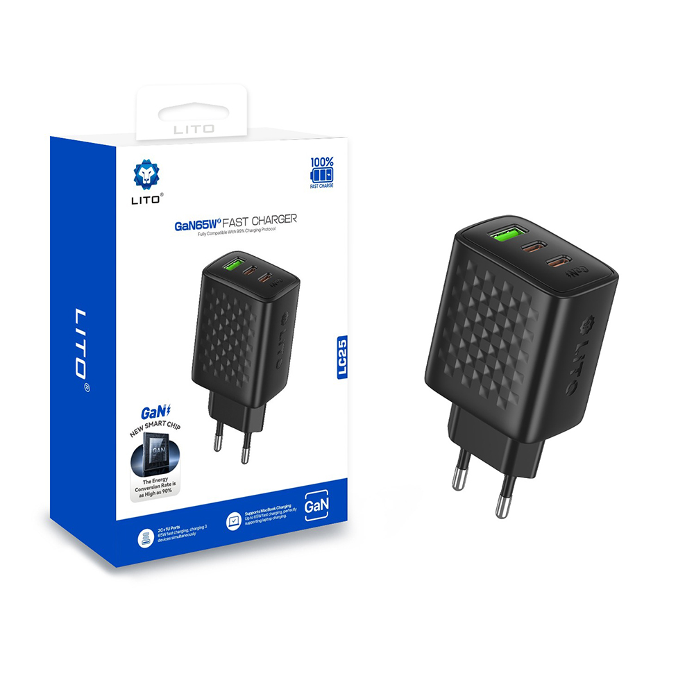 Levně Lito Wall Charger LC25 2x Type-C USB výstup PD65W GaN PC nehořlavý EU zástrčka černý