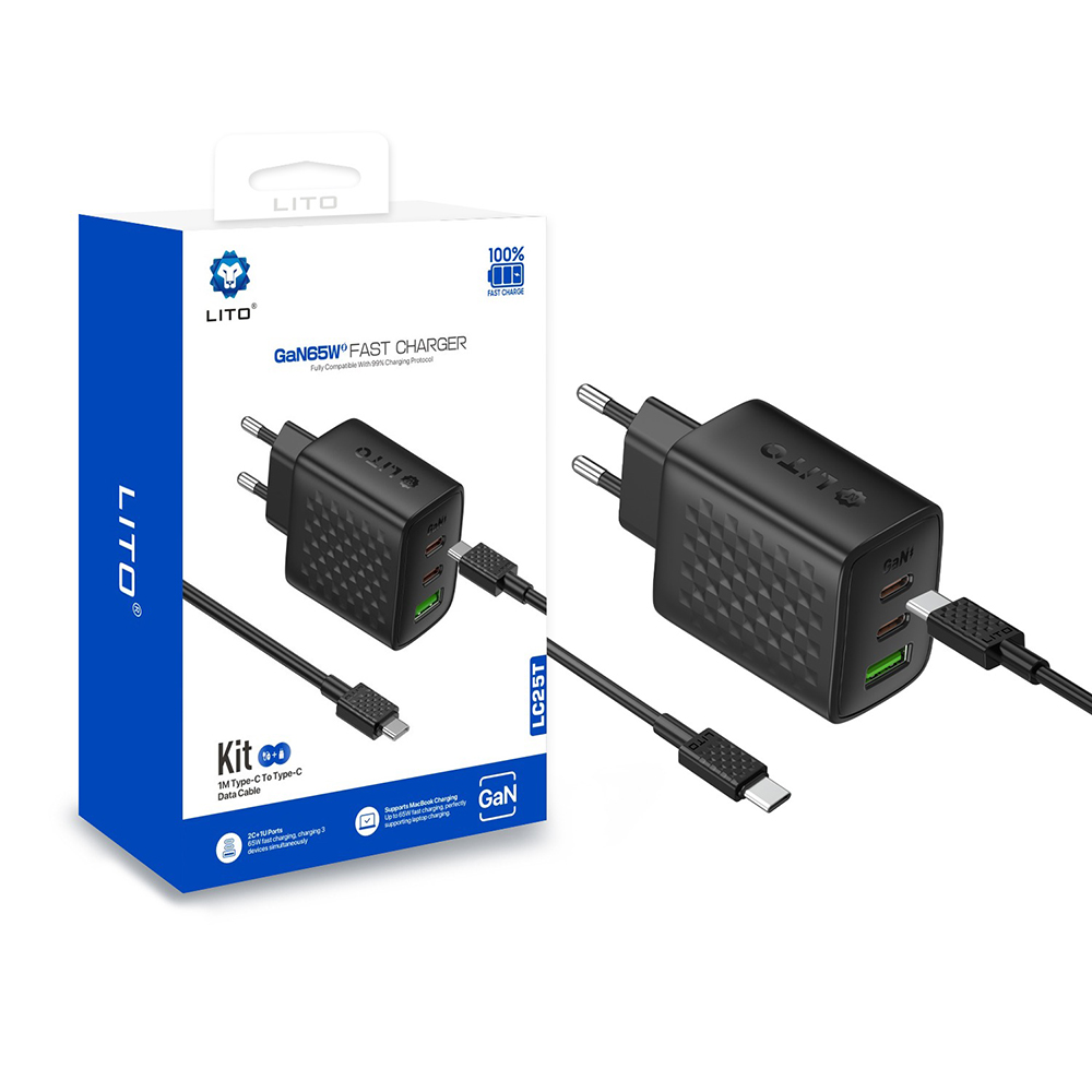 Levně Lito Wall Charger LC25T s kabelem Type-C 2x Type-C USB výstup PD65W GaN EU černý
