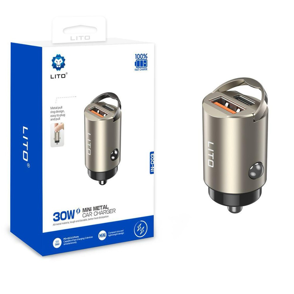 Levně Lito Car Charger IN-C03 1x USB 1x Type-C 30W Rychlé nabíjení Gunmetal