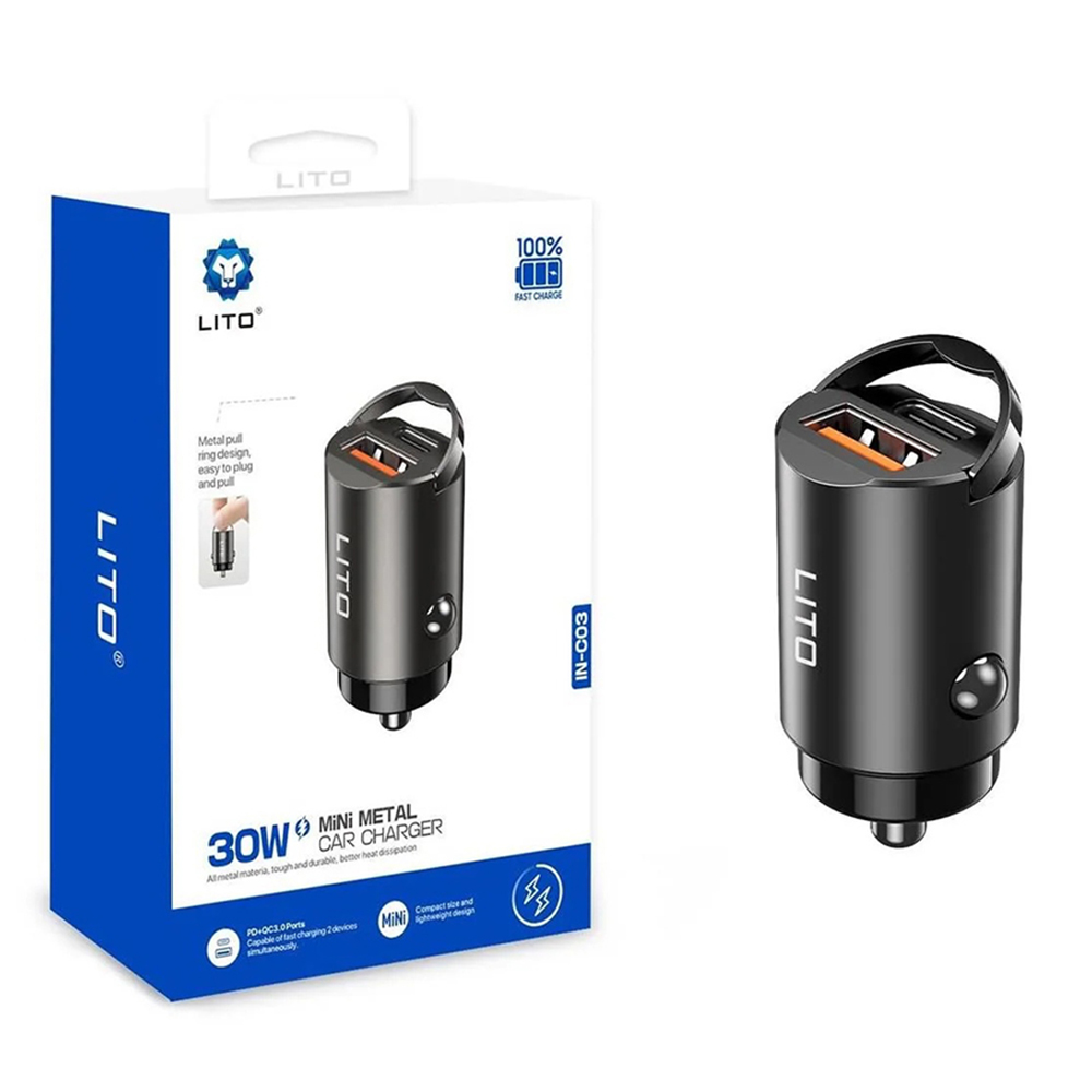 Levně Lito Car Charger IN-C03 1x USB 1x Type-C 30W Rychlé nabíjení Černá