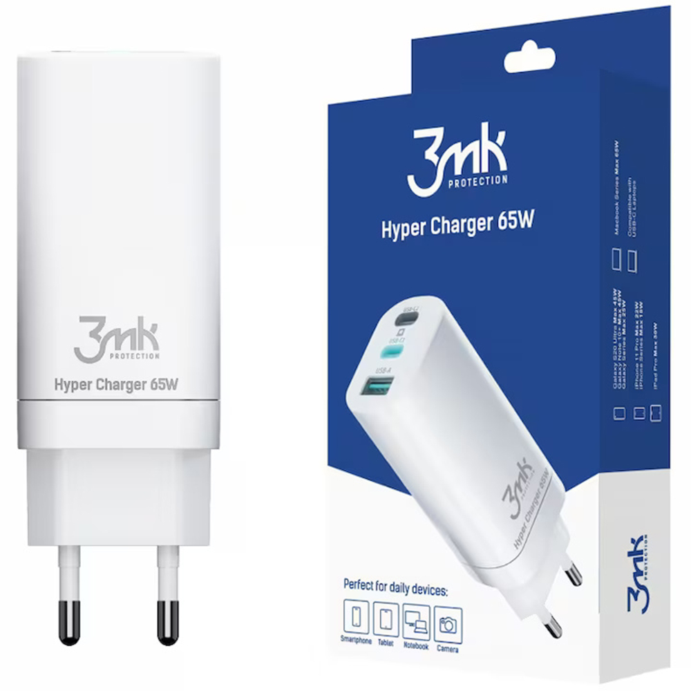 Levně 3mk Wall Charger Hyper 2x Type-C 1x USB-A GaN Technology Quick Charge 65W bílá
