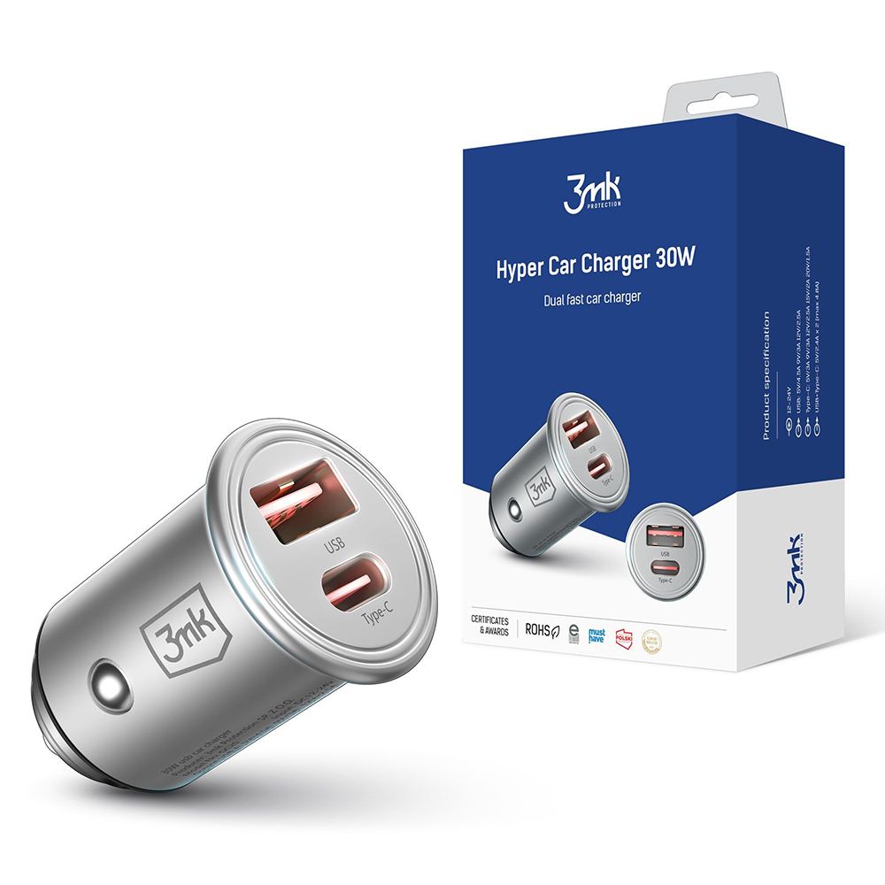 Levně 3mk Car Charger Hyper USB-A Type-C 30W odolný hliník stříbrná