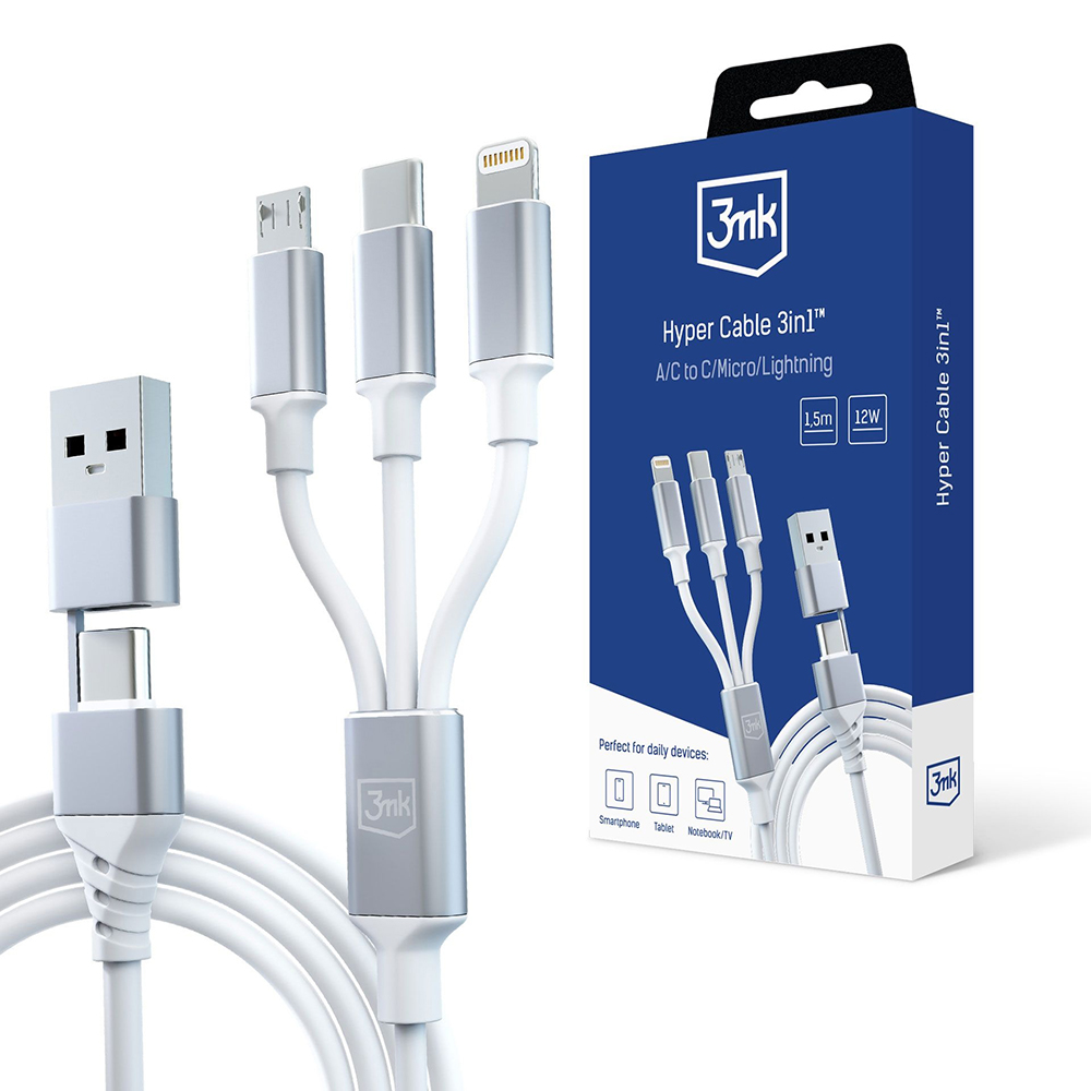 Levně 3mk 3in1 Datový kabel Hyper USB-A/C na USB-C/Micro-USB/Lightning 1.5m bílý