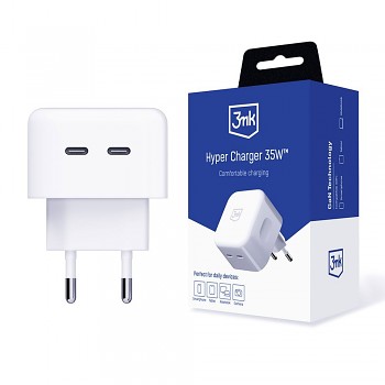 3mk Wall Charger Hyper 2x USB-C 35W 90° vstup nabíječky kompaktní design bílá