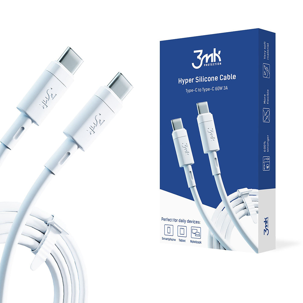 Levně 3mk Datový kabel Hyper Silicone USB-C na USB-C 60W 3A 1m bílý
