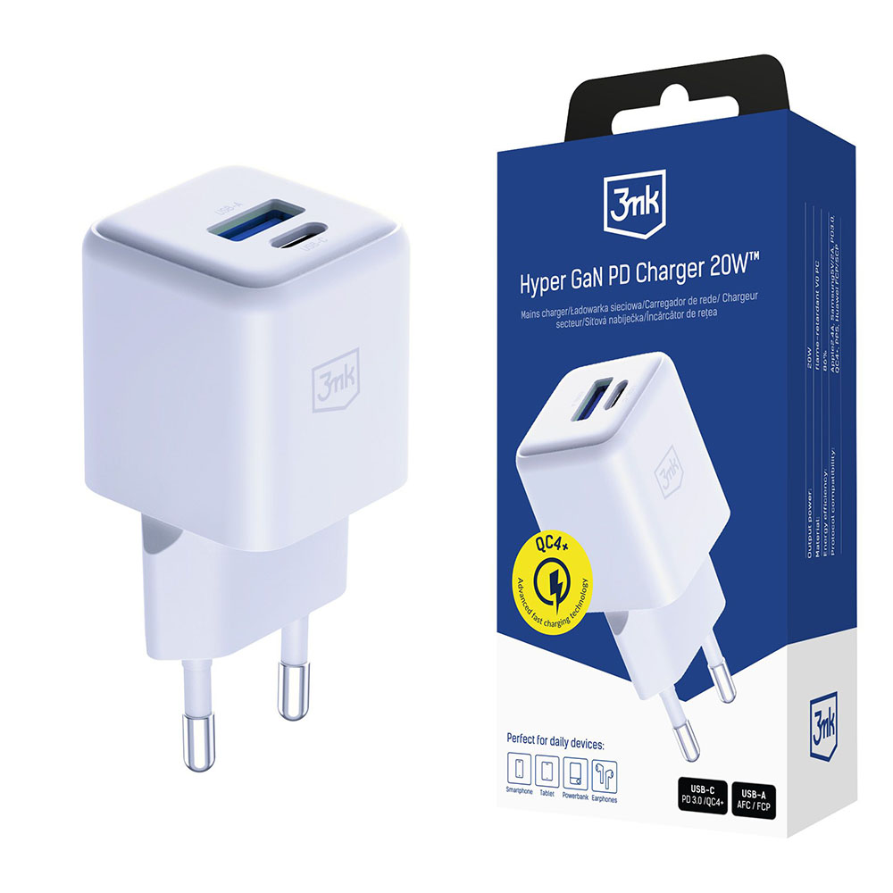 Levně 3mk Wall Charger Hyper USB-A USB-C GaN Technology QC4 + PD 20W bílá