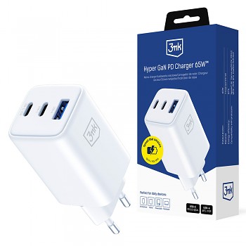3mk Wall Charger Hyper USB-A/USB-C GaN Technologie 65W QX4+ nehořlavý materiál V0 bílá