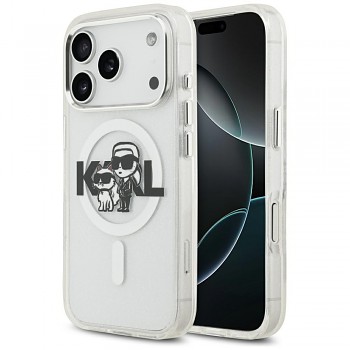 Karl Lagerfeld IML Glitter Karl & Choupette Sketch Logo MagSafe iPhone 17 Pro průhledný