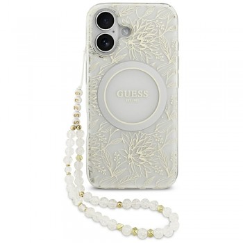 Guess IML Flowers s perlovým řemínkem MagSafe iPhone 17 bílá