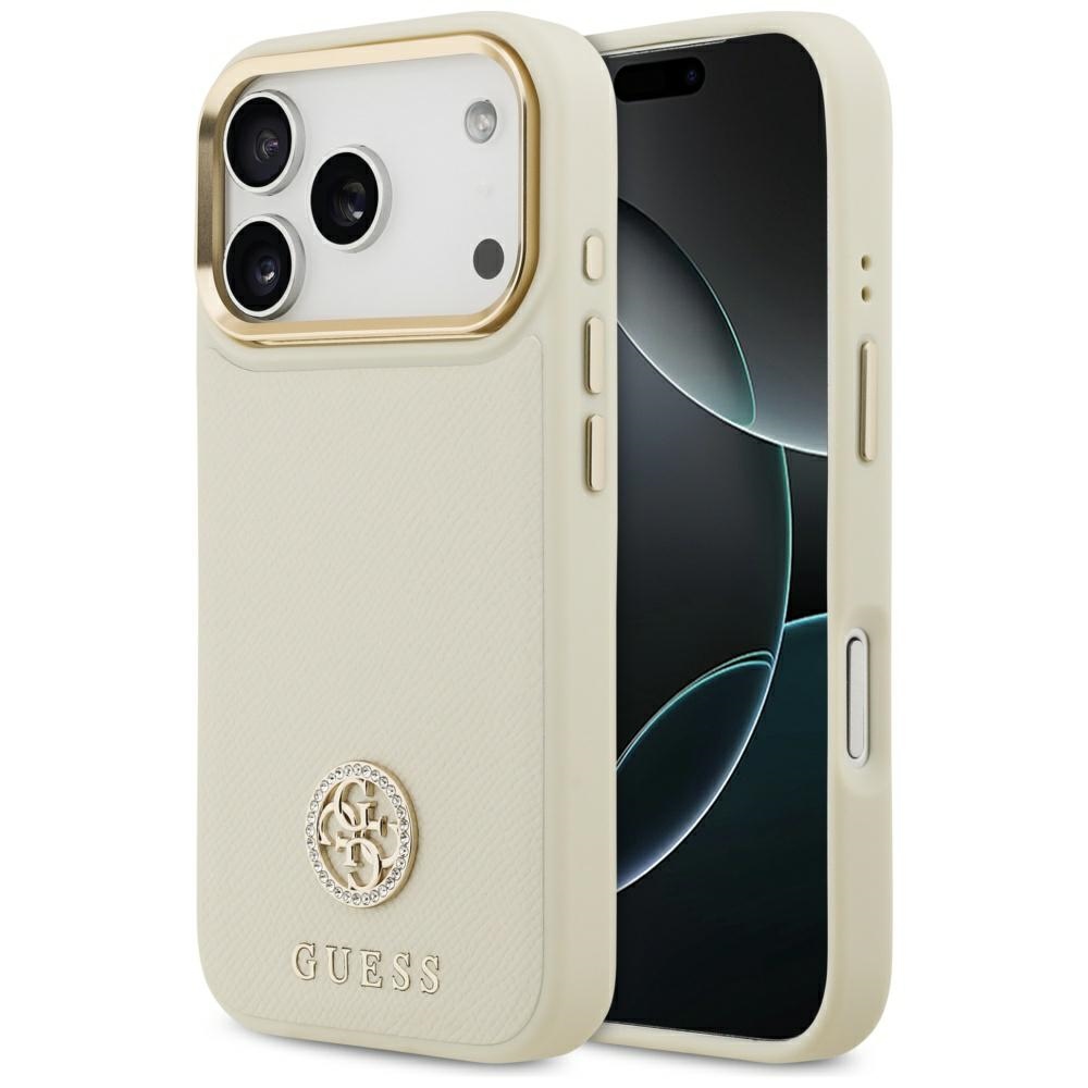 Levně Guess Grained Strass Logo MagSafe pro iPhone 17 Pro béžová