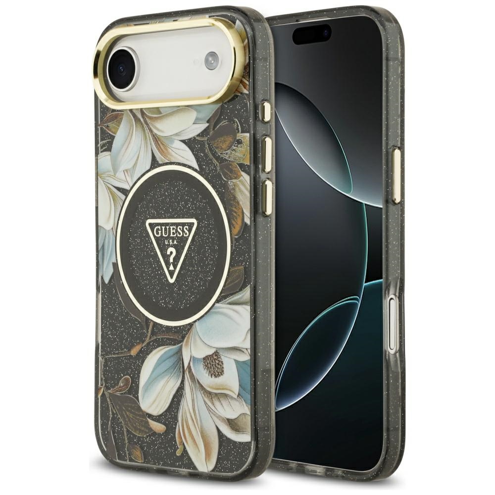 Levně Guess IML Metal Glitter Flowers Triangle MagSafe iPhone 17 Air černá
