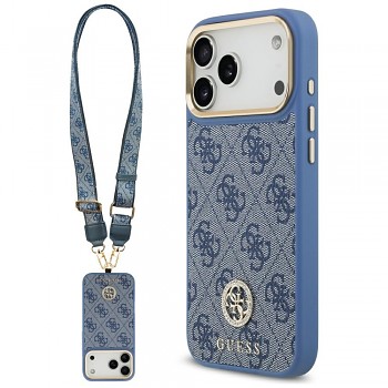Guess 4G Strass Logo s velkým popruhem kovové tlačítko MagSafe iPhone 17 Pro Max modrá
