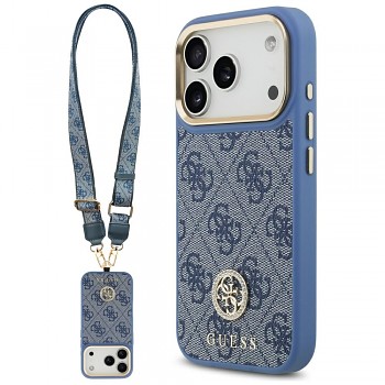 Guess 4G Strass Logo s velkým popruhem kovové tlačítko MagSafe iPhone 17 Pro modrá