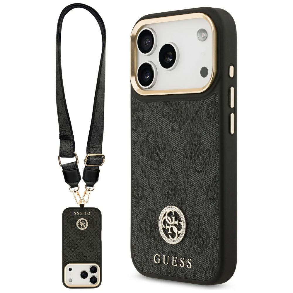 Levně Guess 4G Strass Logo s velkým popruhem kovové tlačítko MagSafe iPhone 17 Pro černá