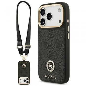 Guess 4G Strass Logo s velkým popruhem kovové tlačítko MagSafe iPhone 17 Pro černá