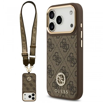 Guess 4G Strass Logo s velkým popruhem kovové tlačítko MagSafe iPhone 17 Pro hnědá