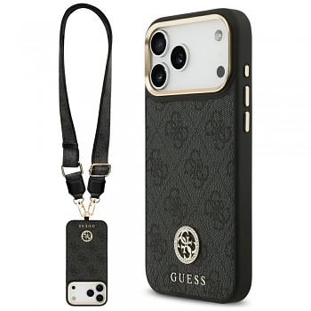Guess 4G Strass Logo s velkým popruhem kovové tlačítko MagSafe iPhone 17 Pro Max černá