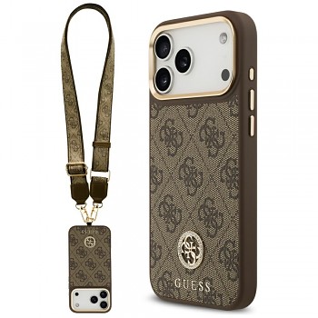 Guess 4G Strass Logo s velkým popruhem kovové tlačítko MagSafe iPhone 17 Pro Max hnědá
