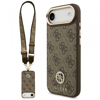 Guess 4G Strass Logo s velkým popruhem kovové tlačítko MagSafe iPhone 17 Air hnědá
