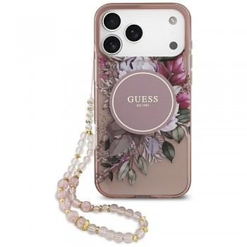 Guess IML Flowers s perlovým řemínkem MagSafe iPhone 17 Pro Max růžová