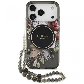 Guess IML Flowers s perlovým řemínkem MagSafe iPhone 17 Pro černá